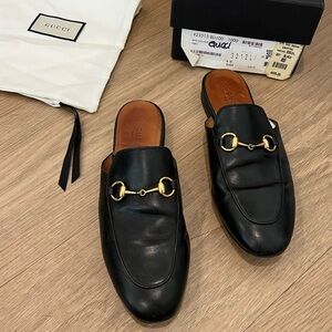 GUCCI Princetown Black Leather Horsebit Mules Clogs Slides Loafers Flats \\ 38